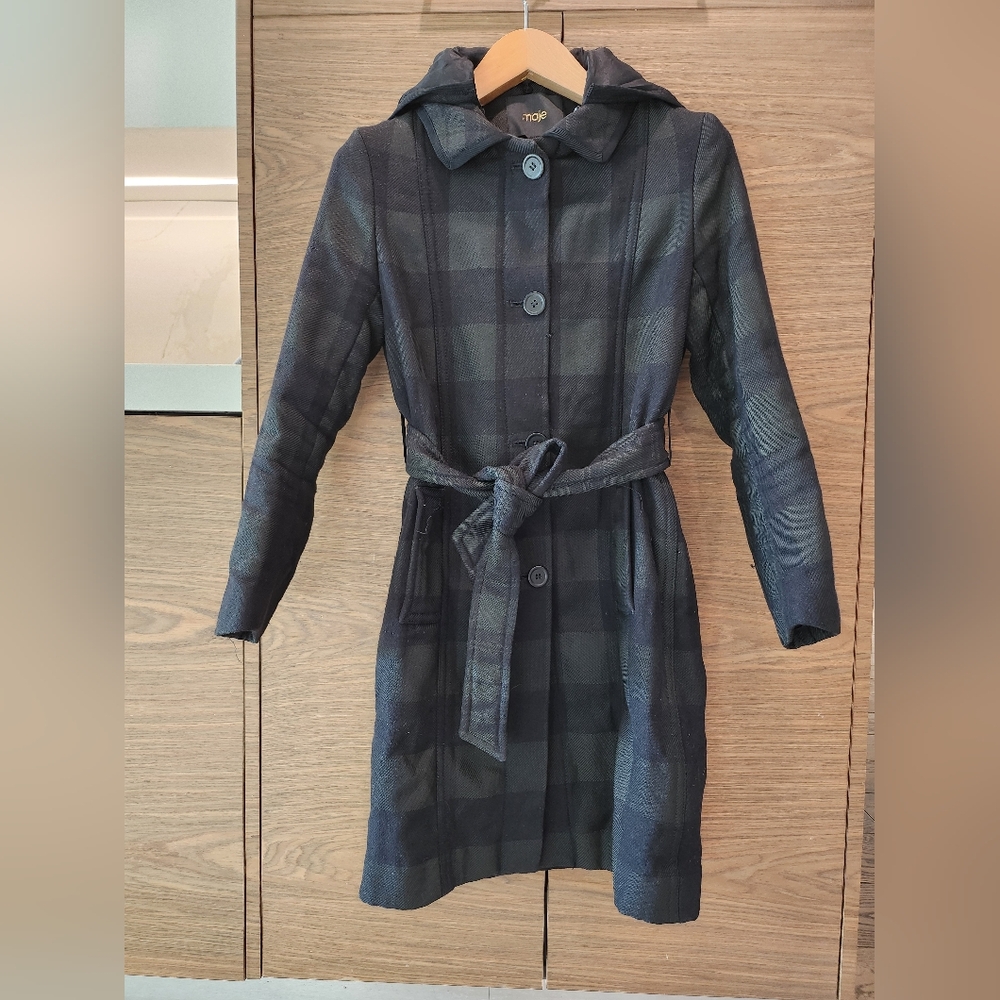 MAJE 38 Hooded Coat with Belt Weather Proof